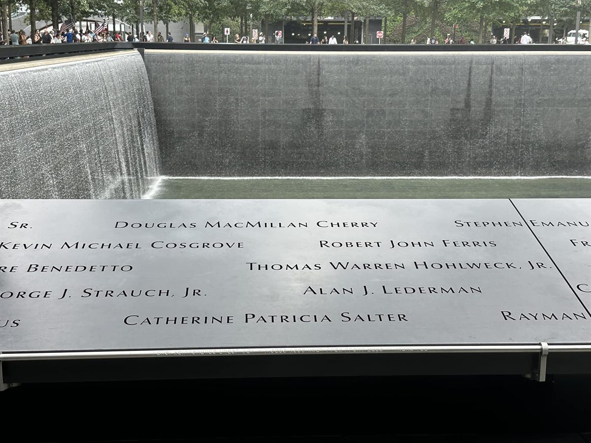 The South Tower Fountain Memorial in New York City with Cathy's name inscribed in the foreground
